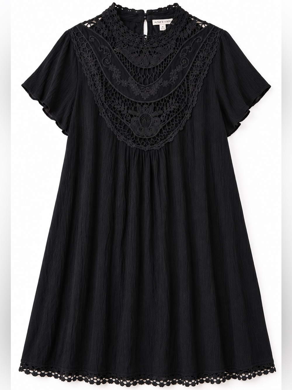 Altar’d State Black Lace Crochet Babydoll Dress Size Medium Autumn Wedding Guest